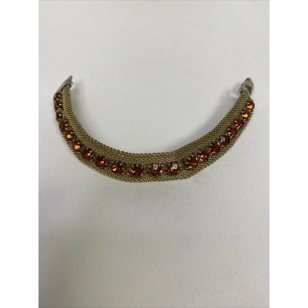 Weiss Gold Tone Mesh Amber Orange Rhinestone Necklace & Bracelet Set Vintage